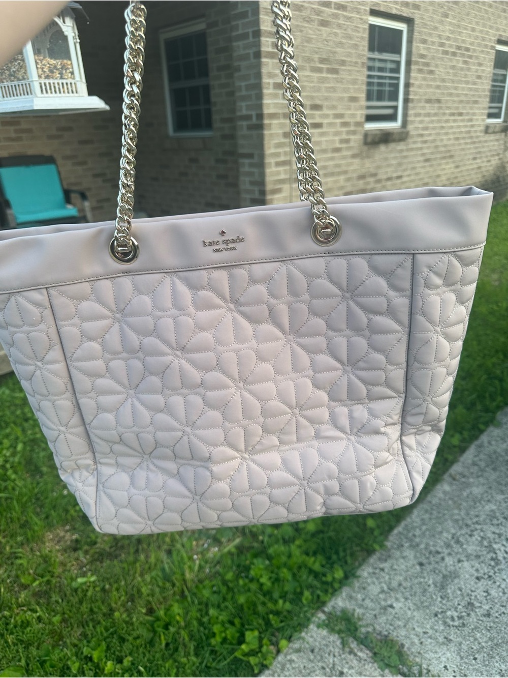 kate spade flower Quilted cozy gray Tote with Gold Chain Straps